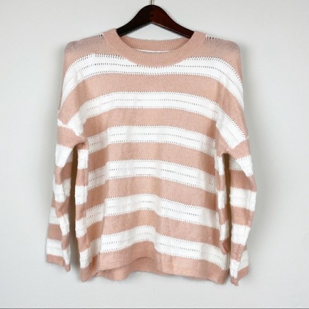 FRNCH Paris Novalie Striped Pointelle Crewneck Sweater Light Pink Size S/M NWT